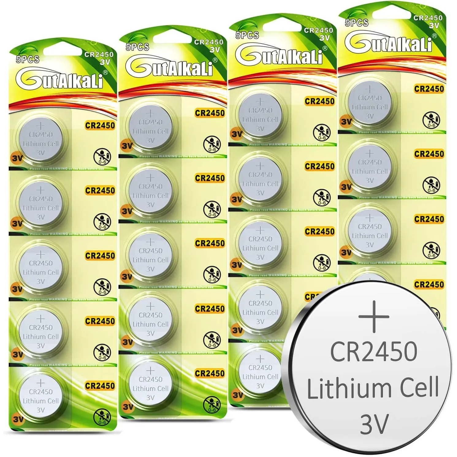 GutAlkaLi CR2450 Lithium-Knopfzellen, 20 Stück 3V Lithium Knopfzelle Elektro CR 2450 Lithium (CR2450-20er)