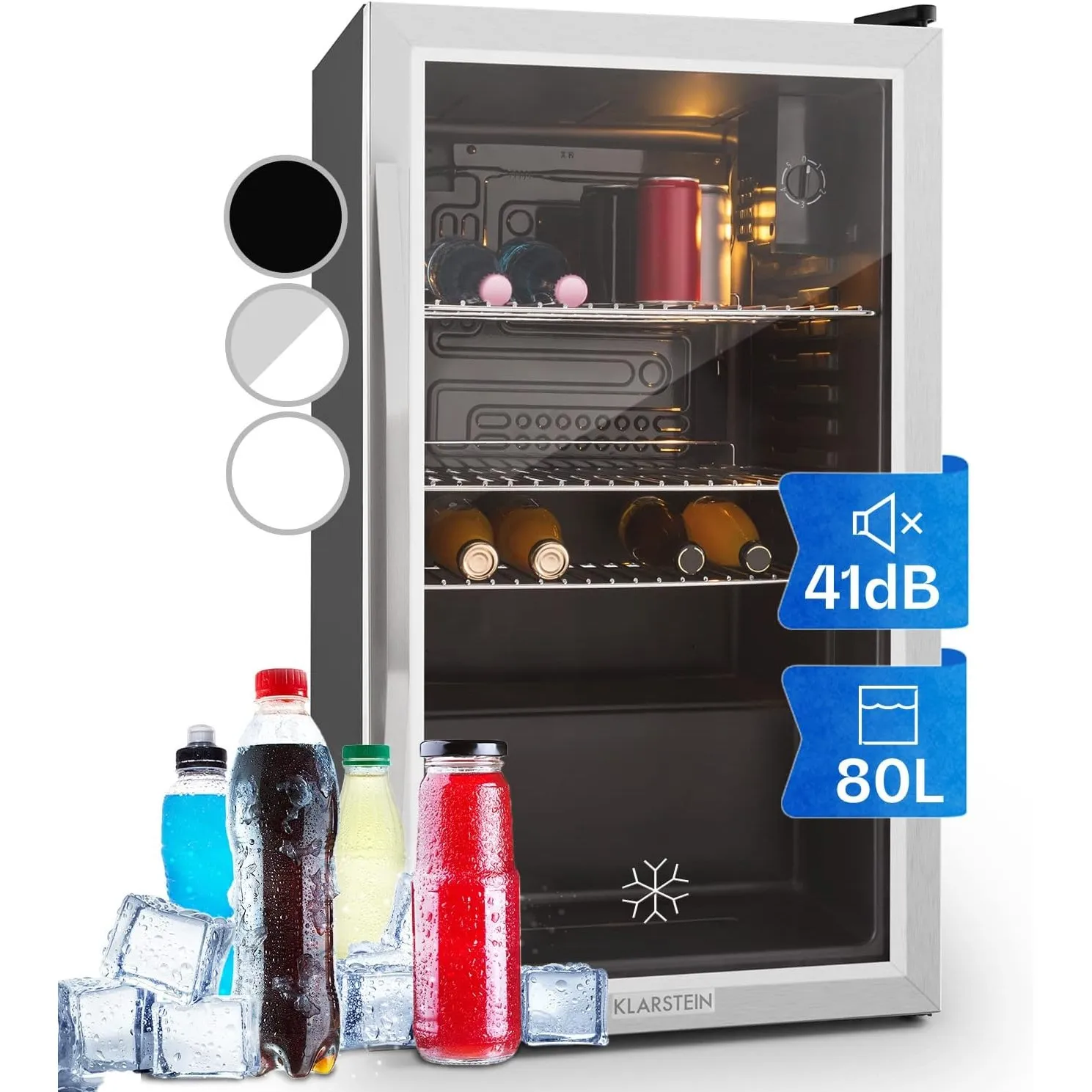 Klarstein Beersafe Getränkekühlschrank 80 L – Kühlschrank mit Glastür, Silber | LED-Beleuchtung, herausnehmbare Metalla…