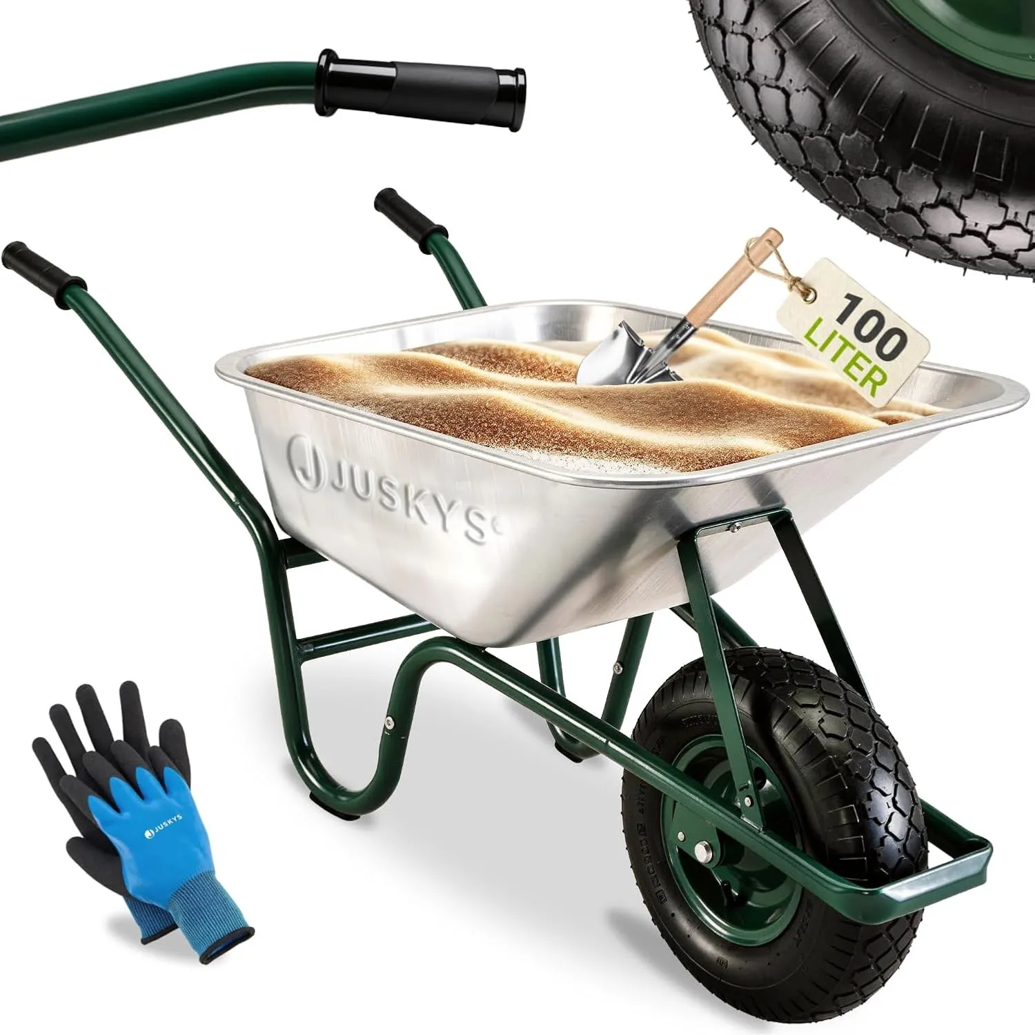Juskys Schubkarre 100L, 250 kg – mit verzinkter Wanne, Luftreifen & Metall Felge, stabile Garten Schubkarre & Schiebkar…