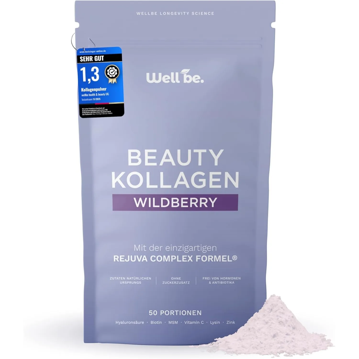 Wellbe Kollagen Pulver Wildberry - hochdosiert mit maximal bioaktivem Kollagen Hydrolysat, Biotin, Zink, Vitamin C & Hy…