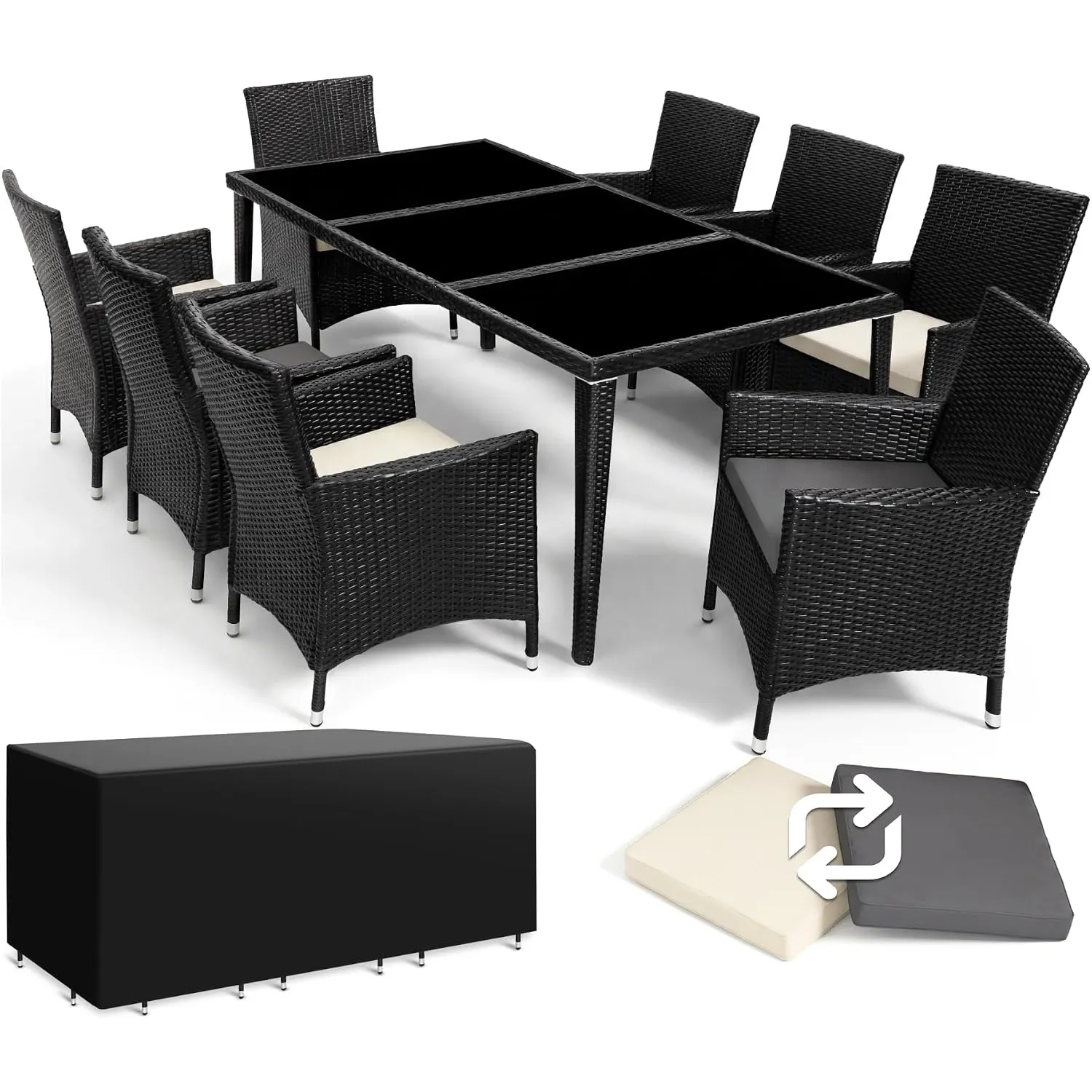 tectake Aluminium Poly Rattan Gartenmöbel Set 8 Stühle mit Tisch mit Glasplatten, inkl. 2 Bezugssets und Schutzhülle, w…