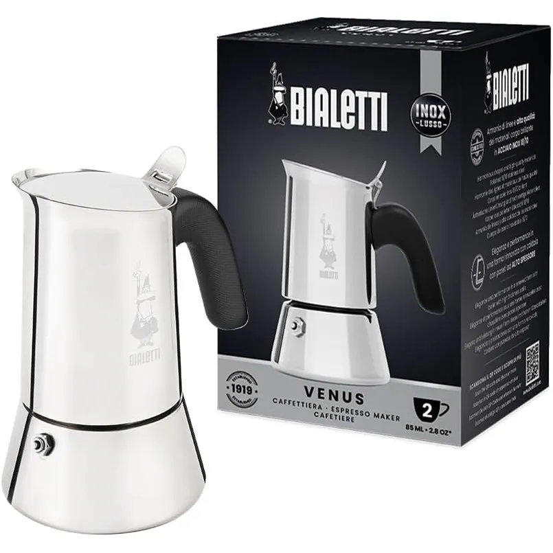 Bialetti Venus Espresso Maker, Stainless Steel, Except Induction, 2 Cups, 85 ml, Silver