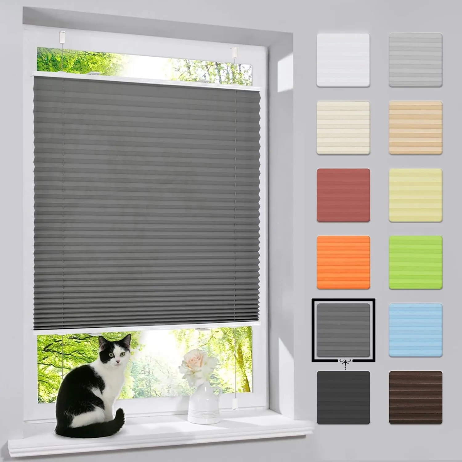 bobodeco Plissee ohne Bohren Klemmfix Faltrollo Jalousie Anthrazit 60x120cm (BxH), Plisseerollo Sichtschutz und Sonnens…