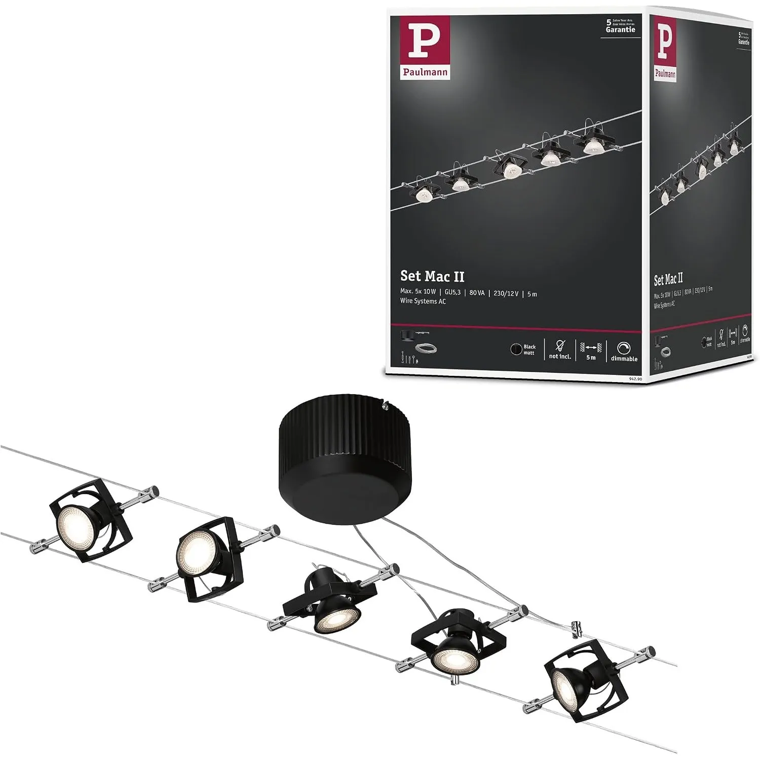 Paulmann 94290 Seilsystem MacI, Deckenlampe, Seillampe Metall, Kunststoff Drahtseil GU5, Schwarz Matt, Eckig Max. 5 x 1…