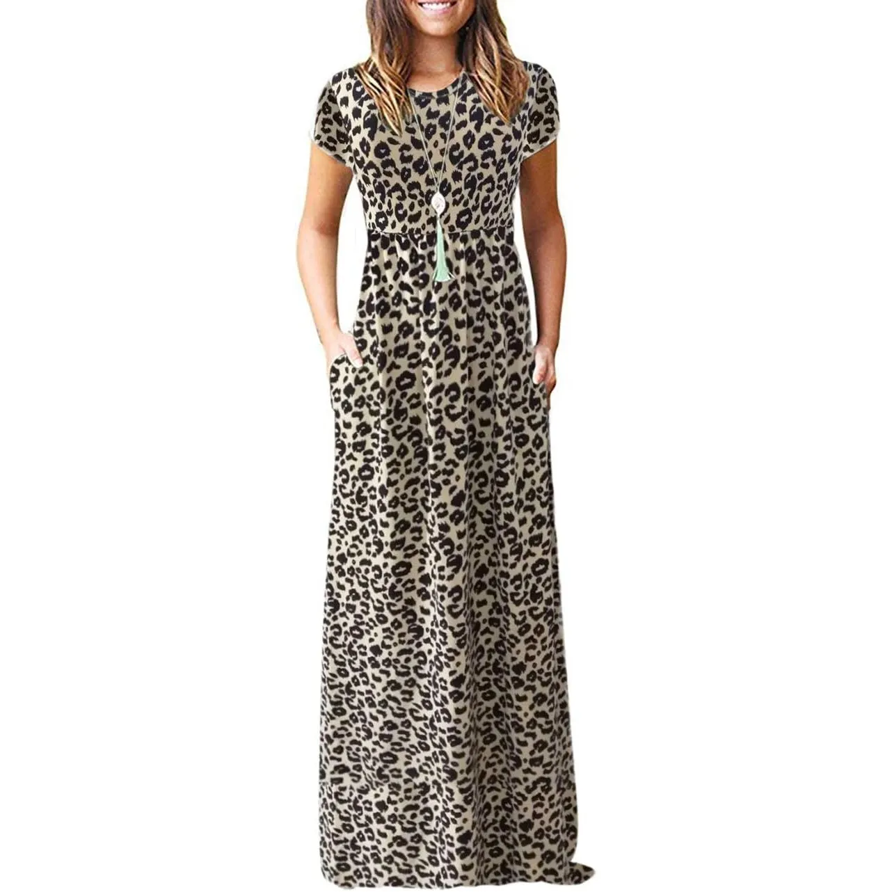 AUSELILY Damen Kurzarm Sommer Casual Long Maxi Kleider mit Taschen | Ganzjähriges Tragen, solider Blumendruck, Freizeit…