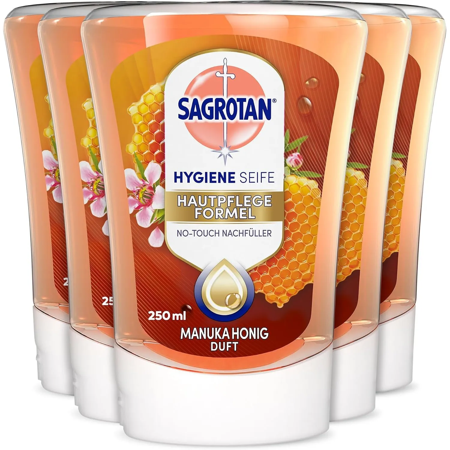 Sagrotan No-Touch Nachfüller Manuka Honig – Für den automatischen Seifenspender – 5 x 250 ml Handseife