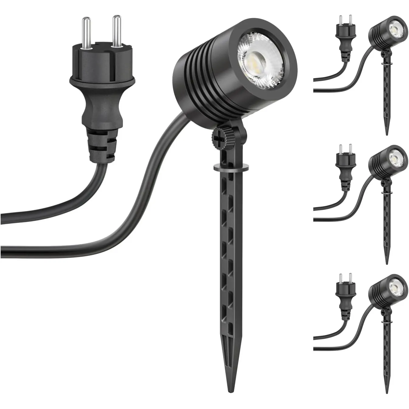 ledscom.de 4x Kleiner LED Gartenstrahler mit Erdspieß TARL für außen, IP65, Stecker, schwarz, 4,3 W, 340lm, warmweiß