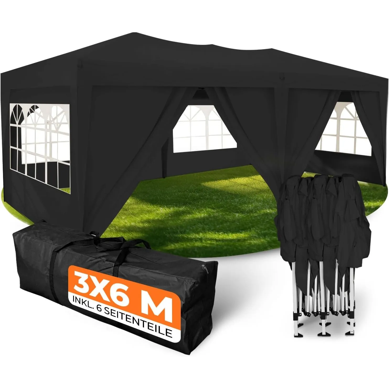 Kronenburg Faltpavillon wasserdicht Pavillon mit 6 Seitenteilen, Gartenzelt, 3x6 m - mit UV Schutz 50+, Schwarz