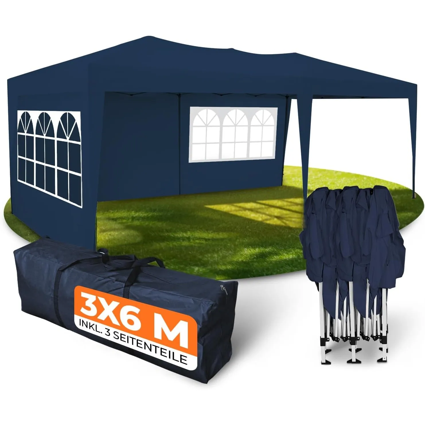 Kronenburg Faltpavillon wasserdicht Pavillon mit 3 Seitenteilen, Gartenzelt, 3x6 m - mit UV Schutz 50+, Blau