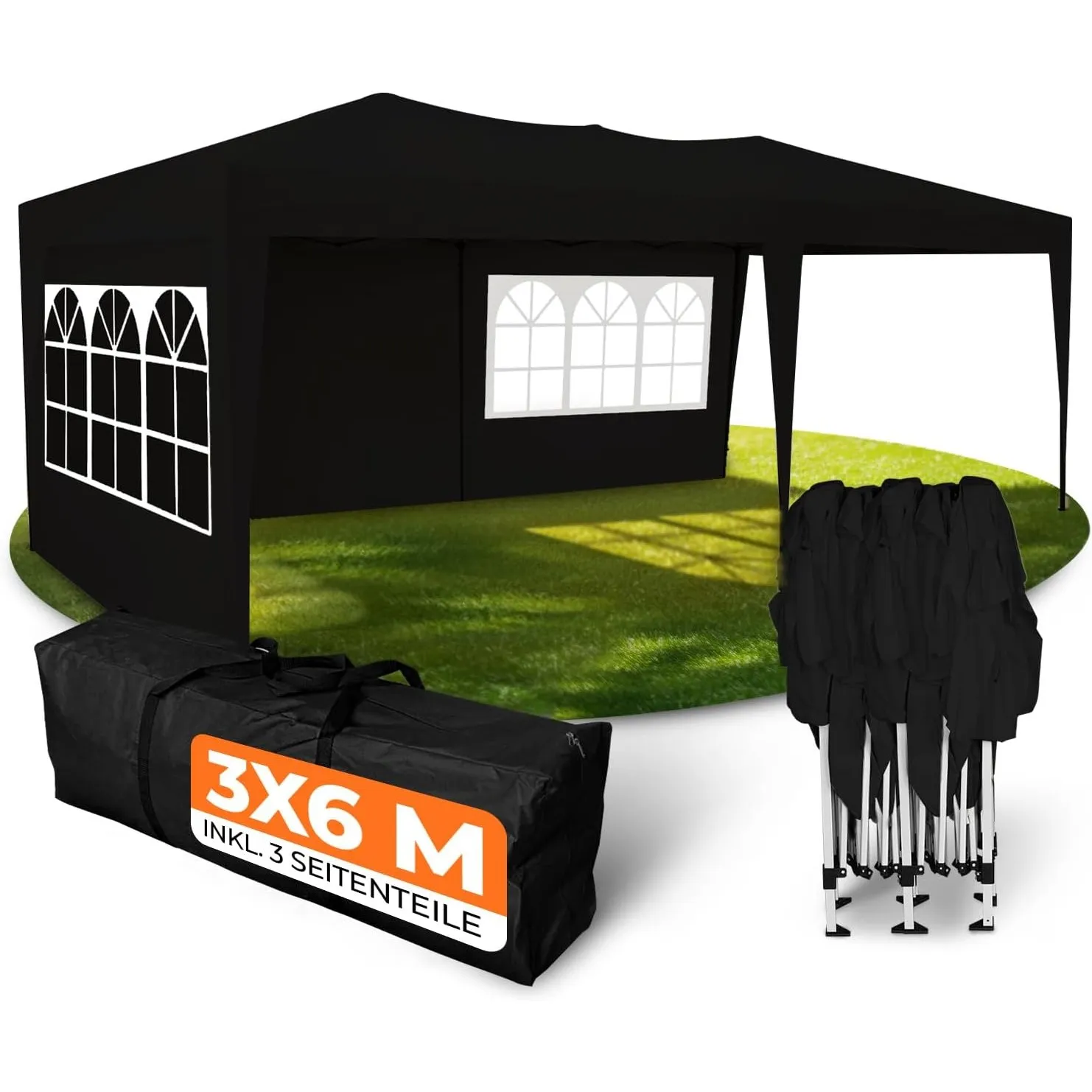 Kronenburg Faltpavillon wasserdicht Pavillon mit 3 Seitenteilen, Gartenzelt, 3x6 m - mit UV Schutz 50+, Schwarz