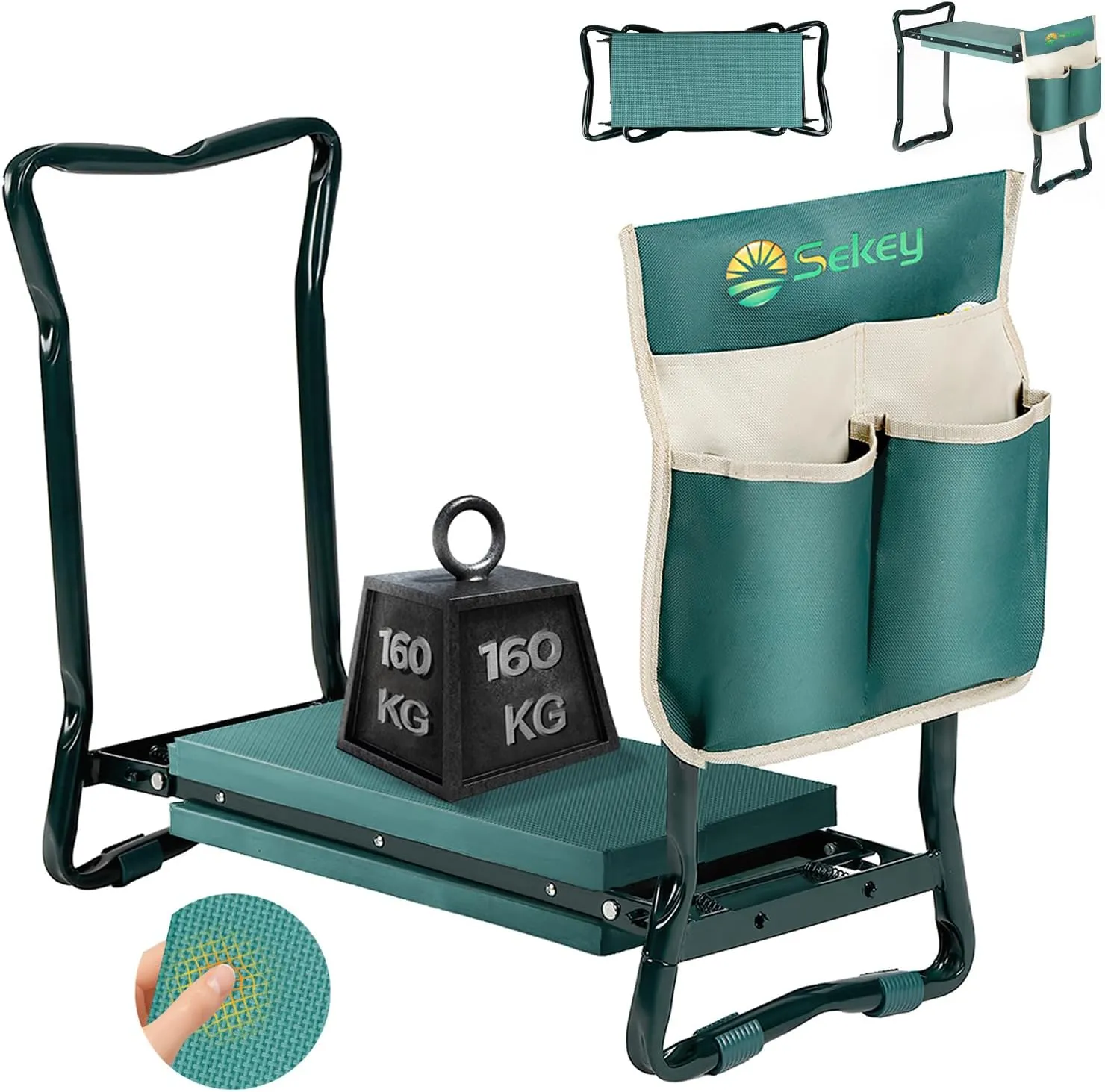 Sekey Höhenverstellbare Kniebank für Gartenarbeit Belastbarkeit 160KG, Gartenhocker Klappbar mit Werkzeugtaschen, Knieh…
