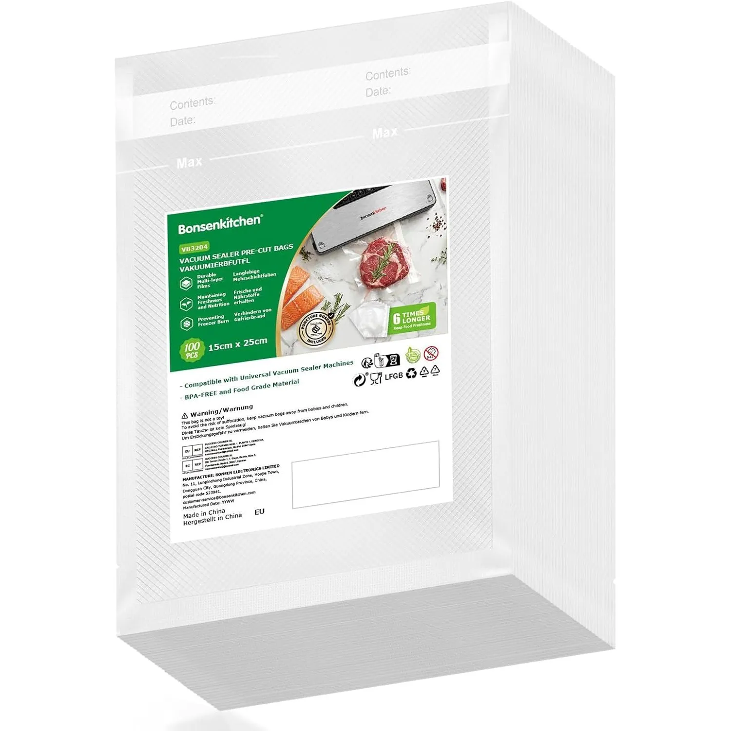 Bonsenkitchen Vakuumierbeutel 15x25cm, 100 Beutel Profi-Folienbeutel