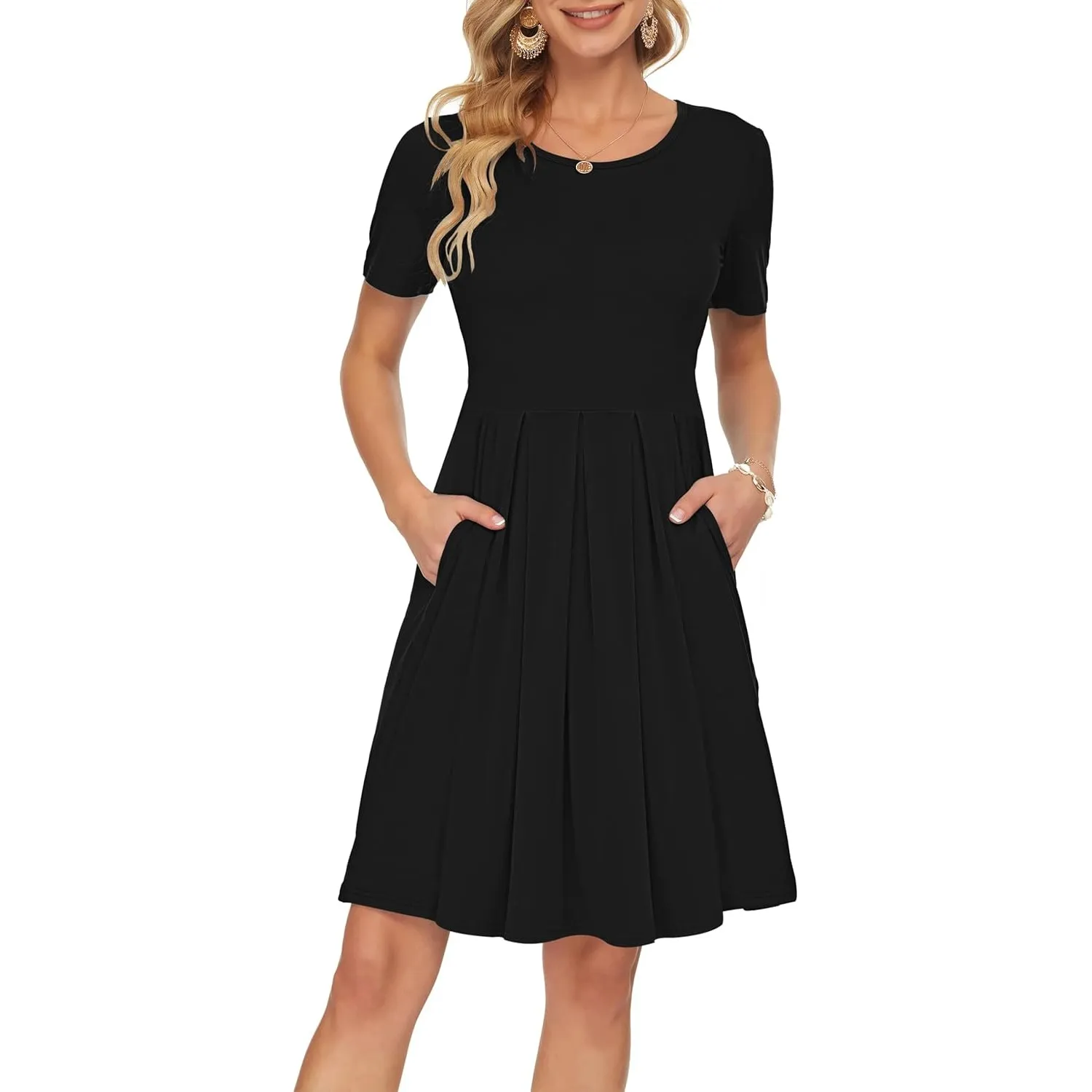 AUSELILY Damen Kurzarm Plissee Loose Swing Freizeitkleid mit knielangen Taschen