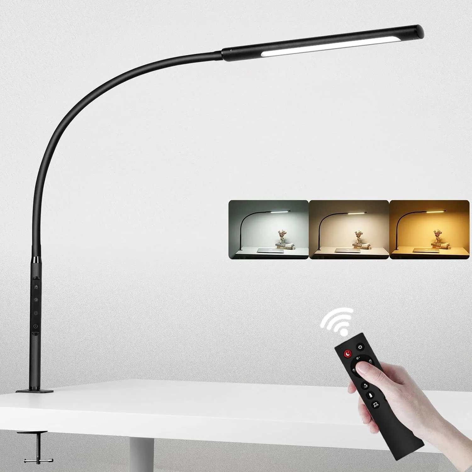 EYOCEAN Schreibtischlampe LED mit Fernbedienung, Verstellbare Schwanenhals Klemmleuchte, Einstellbare Dimmen & Farbtemp…