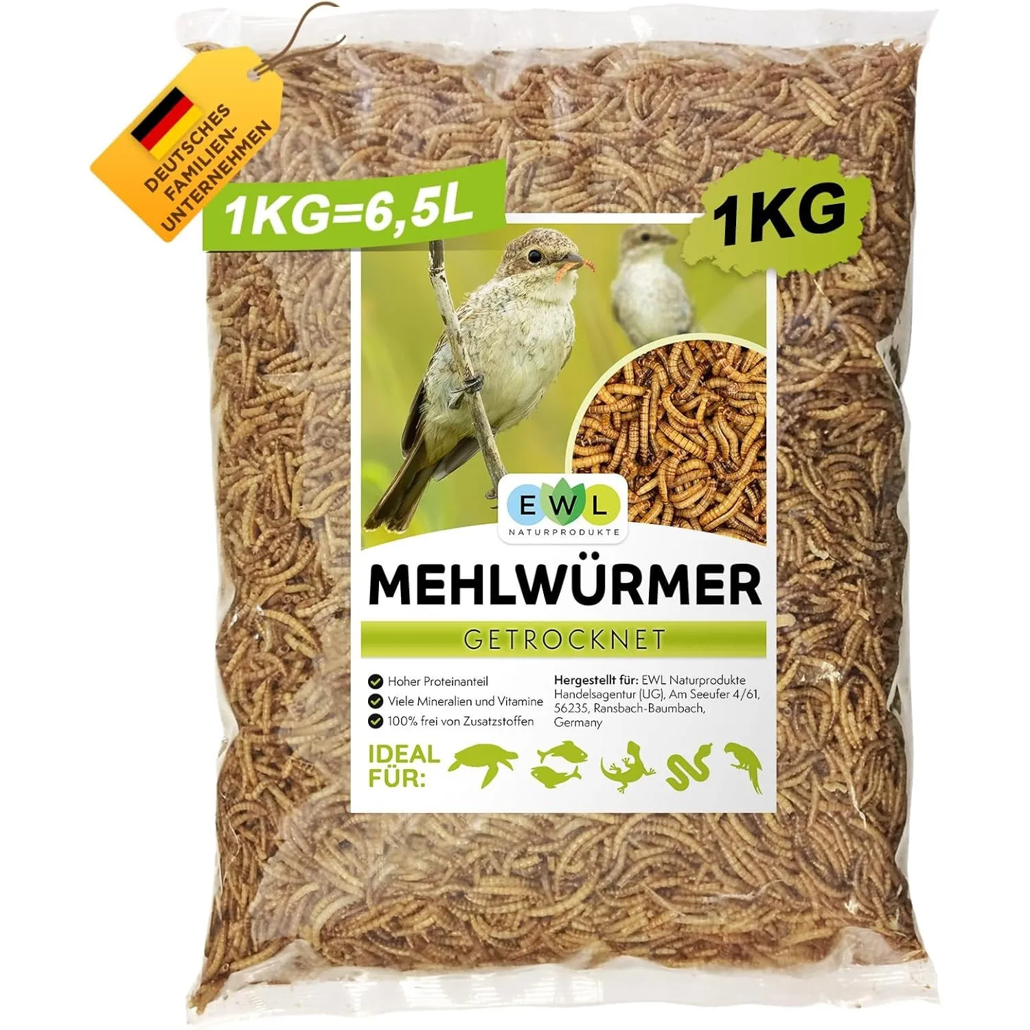 EWL Getrocknete Mehlwürmer 1kg (6,5L) | Vogelfutter & Wildvogelfutter