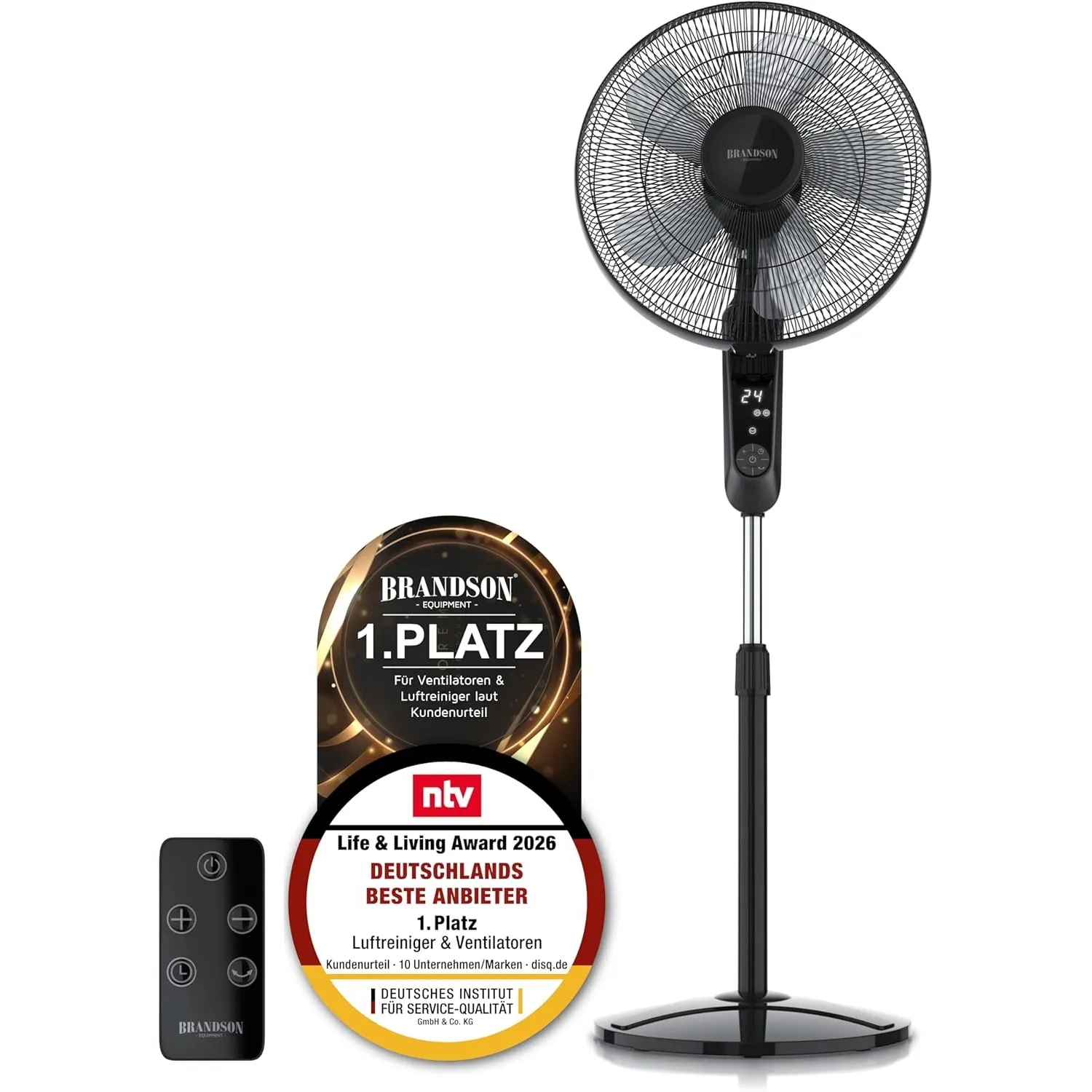 Brandson - Standventilator DC Silent mit Fernbedienung + Display - mobiler Lüfter leise, 24 Geschwindigkeiten - Oszilla…