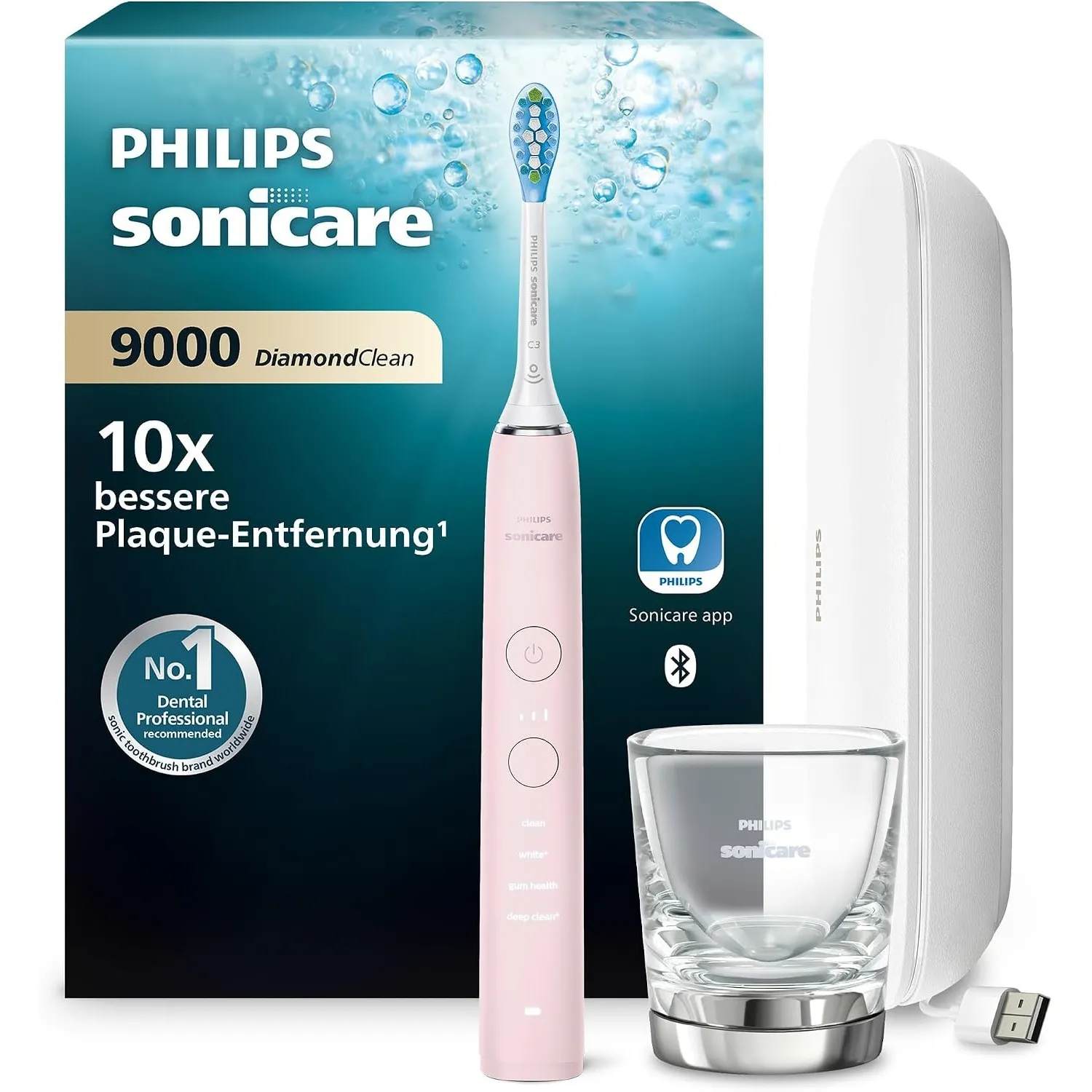 Philips Sonicare DiamondClean 9000 elektrische Zahnbürste, Schallzahnbürste mit App, Andruckkontrolle, 4 Putzmodi, 3 In…