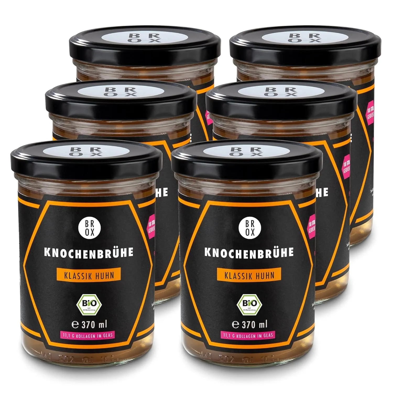 BROX Knochenbrühe Huhn Bio [6x370ml] – 24 Std. gekocht, Deutschland – Kollagen & Aminosäuren – Hühnerbrühe aus Freiland…