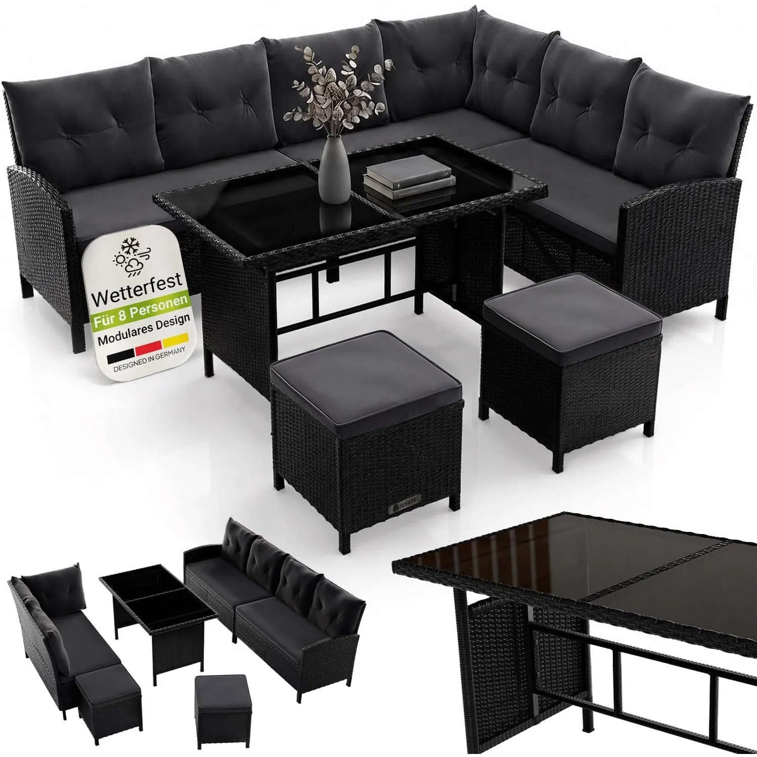 Juskys Polyrattan Lounge Manacor mit Ecksofa, Esstisch, 2 Hocker & Kissen - wetterfest bis 7 Personen - Bezüge waschbar…