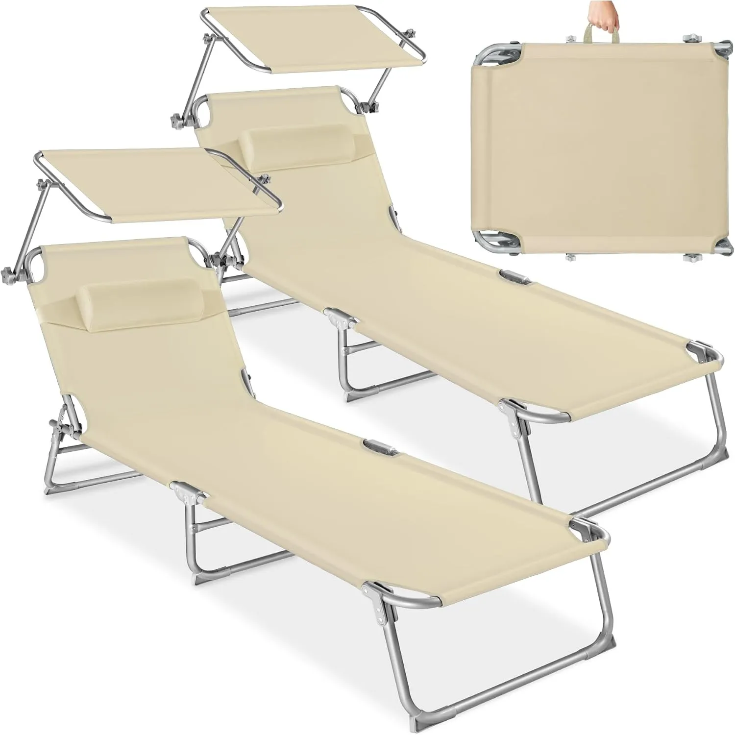tectake 2er Set Sonnenliege - leicht und klappbar, leichte Liege für Camping und Garten, Perfekter Liegestuhl mit Dach,…