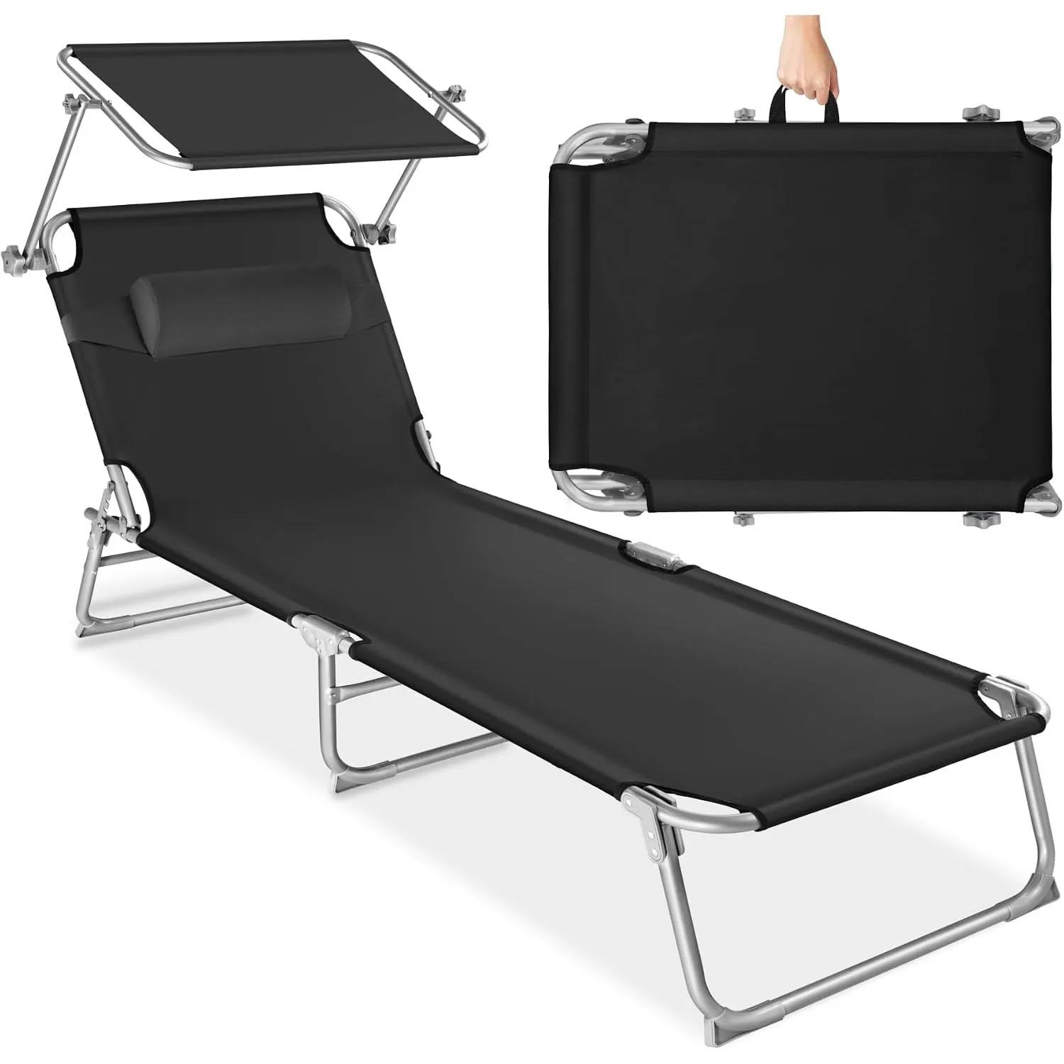 tectake® Klappliege mit Sonnendach & Kopfkissen, Schwarz