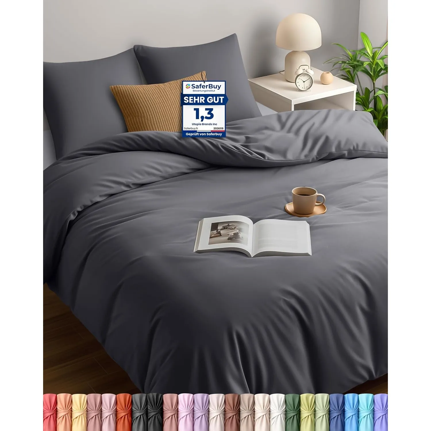 Utopia Bedding Bettwäsche 155x220 - Mikrofaser Bettbezug 155x220 cm + 2 Kissenbezüge 80x80 cm - Grau