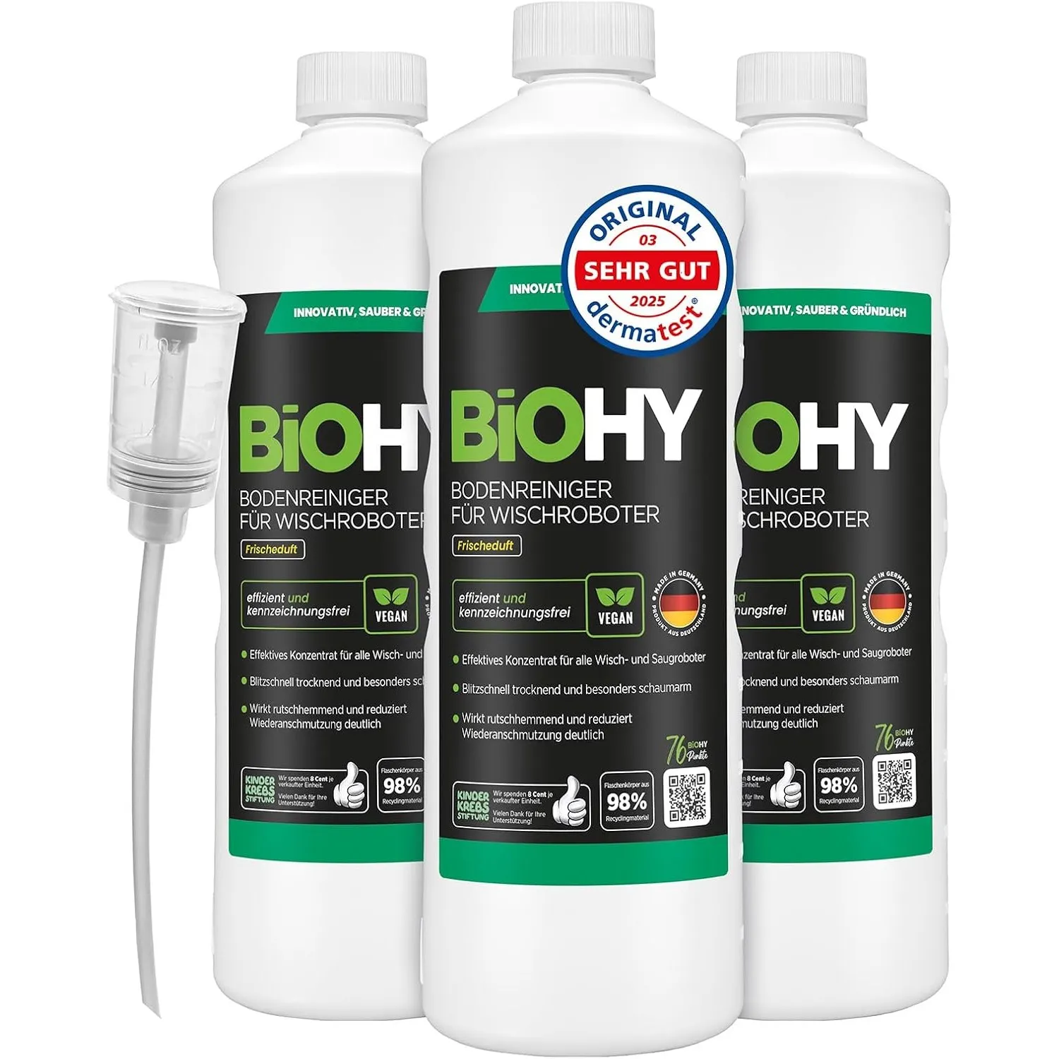 BiOHY Bodenreiniger für Wischroboter (3 x 1 Liter) mit Dosierer, Konzentrat