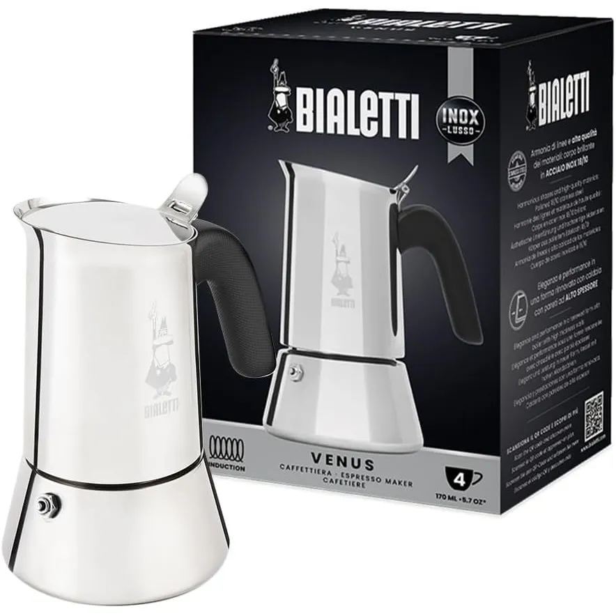 Bialetti - Neue italienische Espressomaschine Venus Induction aus Edelstahl, geeignet für alle Arten von Tellern, 4 Kaf…