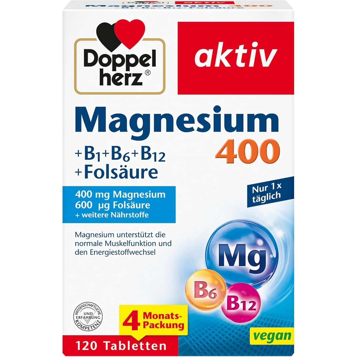 Doppelherz Magnesium 400 + B1 + B6 + B12 + Folsäure | Magnesium unterstützt die normale Muskelfunktion und den Energies…