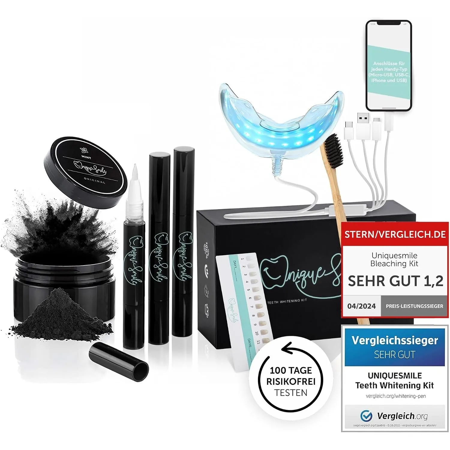 Hochwertiges Teeth whitening kit von UniqueSmile - Testsieger 2023-100 Tage risikofrei testen - All in One Bundle für Z…