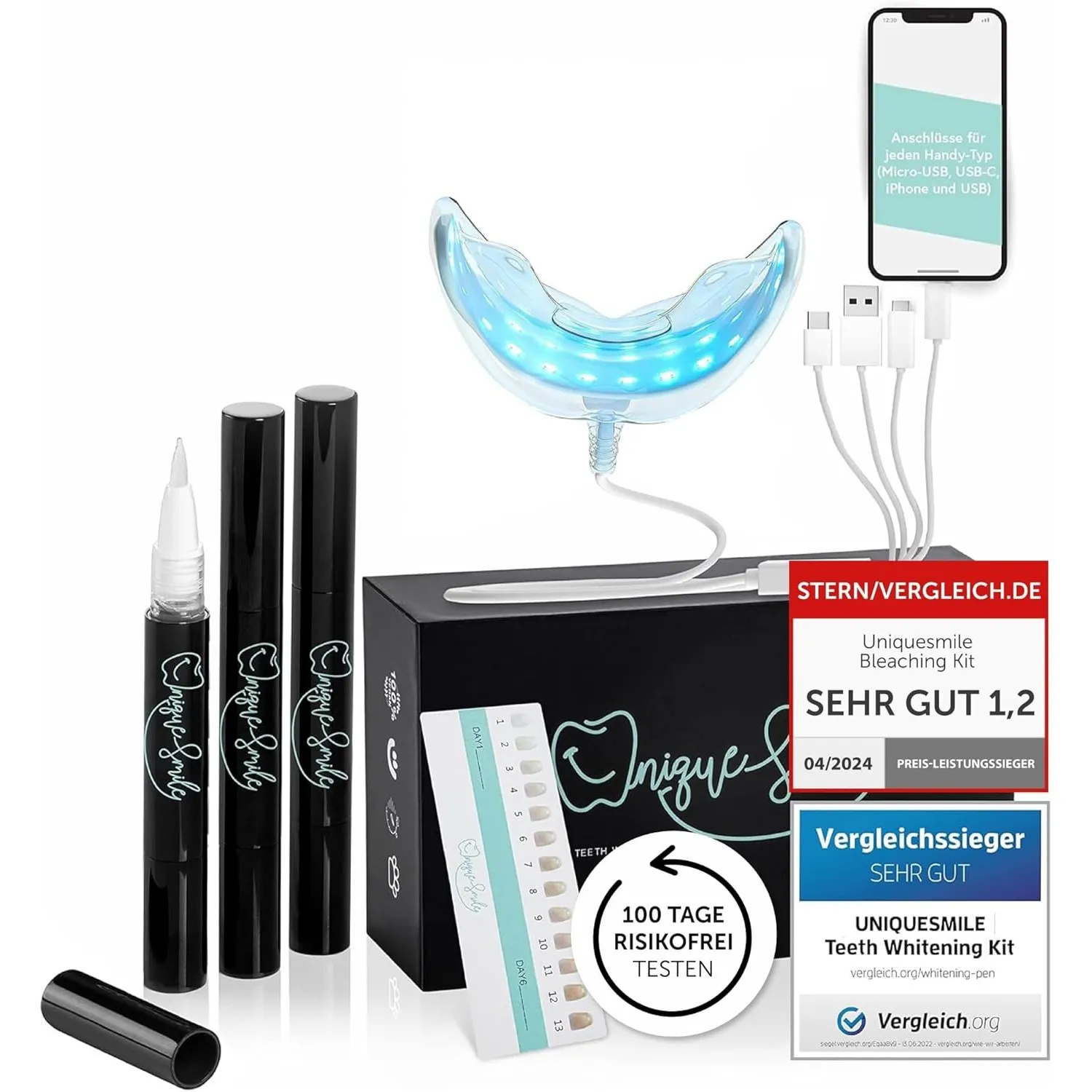 Hochwertiges Teeth whitening kit von UniqueSmile - Testsieger 2023-100 Tage risikofrei testen - All in One Bundle für Z…
