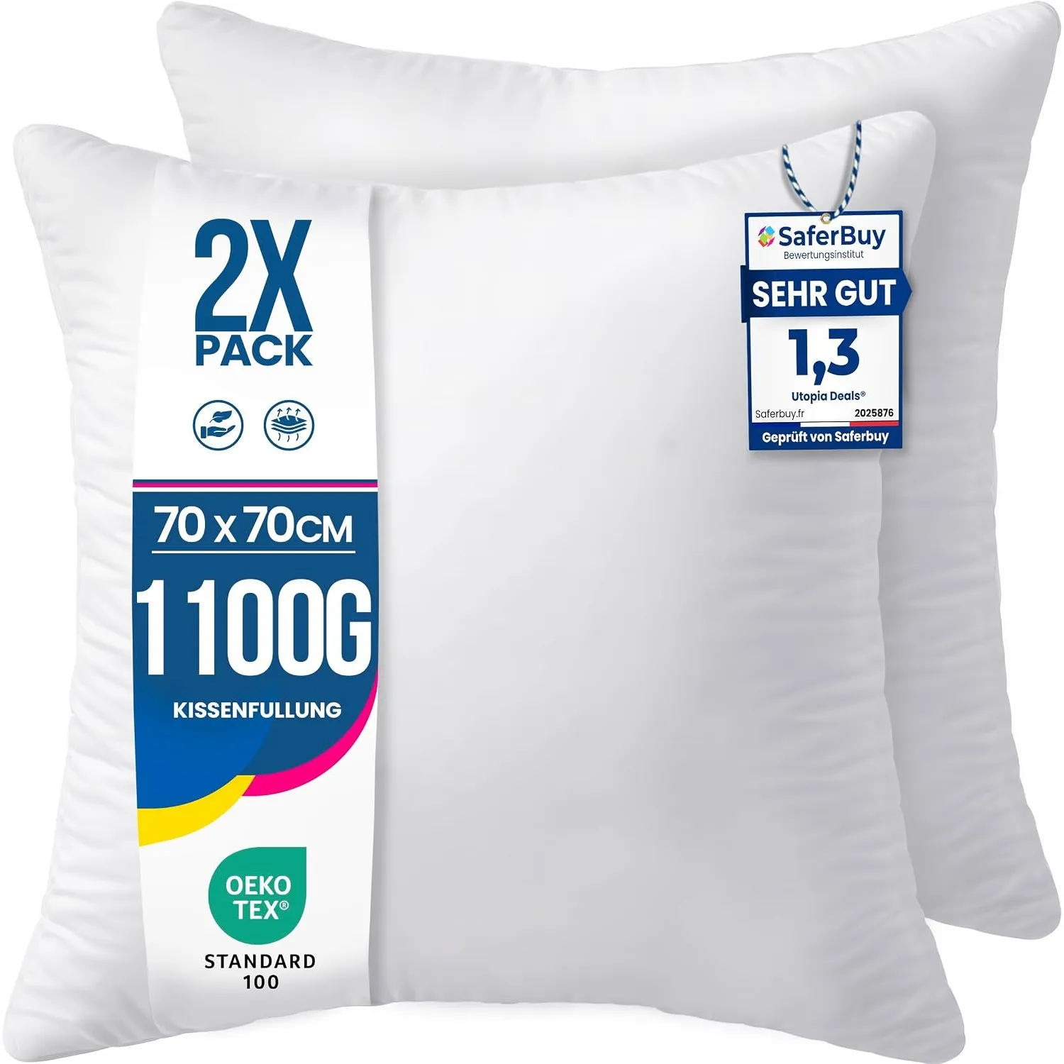 Utopia Bedding Kissenfüllung 70x70 2er Set Innenkissen Kissen Sofakissen | Weiß Mikrofaserbezug mit weicher Polyesterfü…