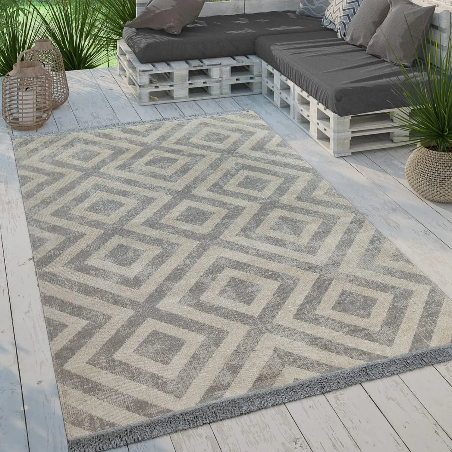Paco Home Moderner Outdoor Teppich Geometrisches Rauten-Muster im Vintage-Look Flachgewebe Wetterfest & Pflegeleicht fü…
