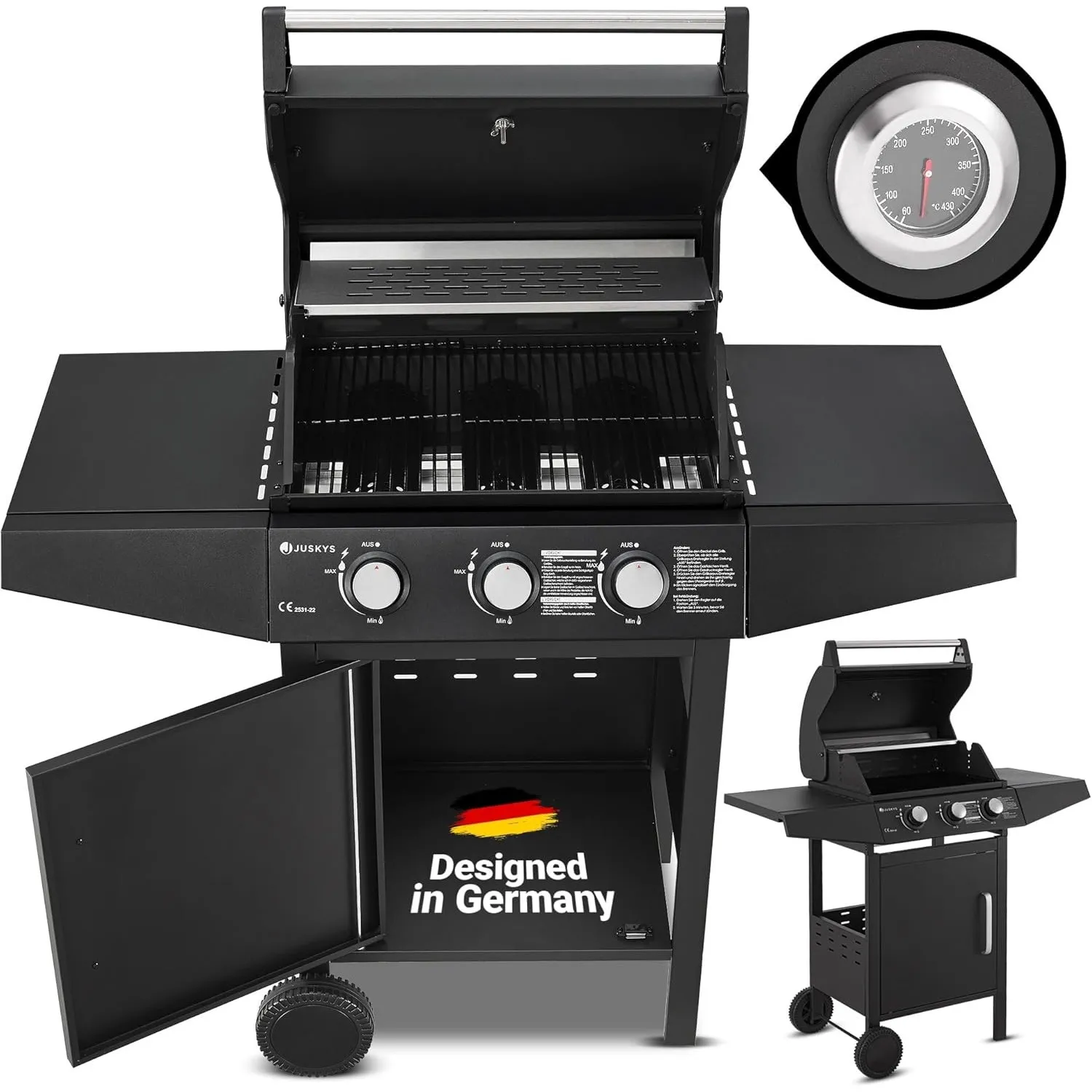 Juskys Gasgrill Louisiana 3 Brenner 8,1 kW – BBQ Grillwagen mit Deckel, Grillrost & Warmhalterost, Grill mit Thermomete…