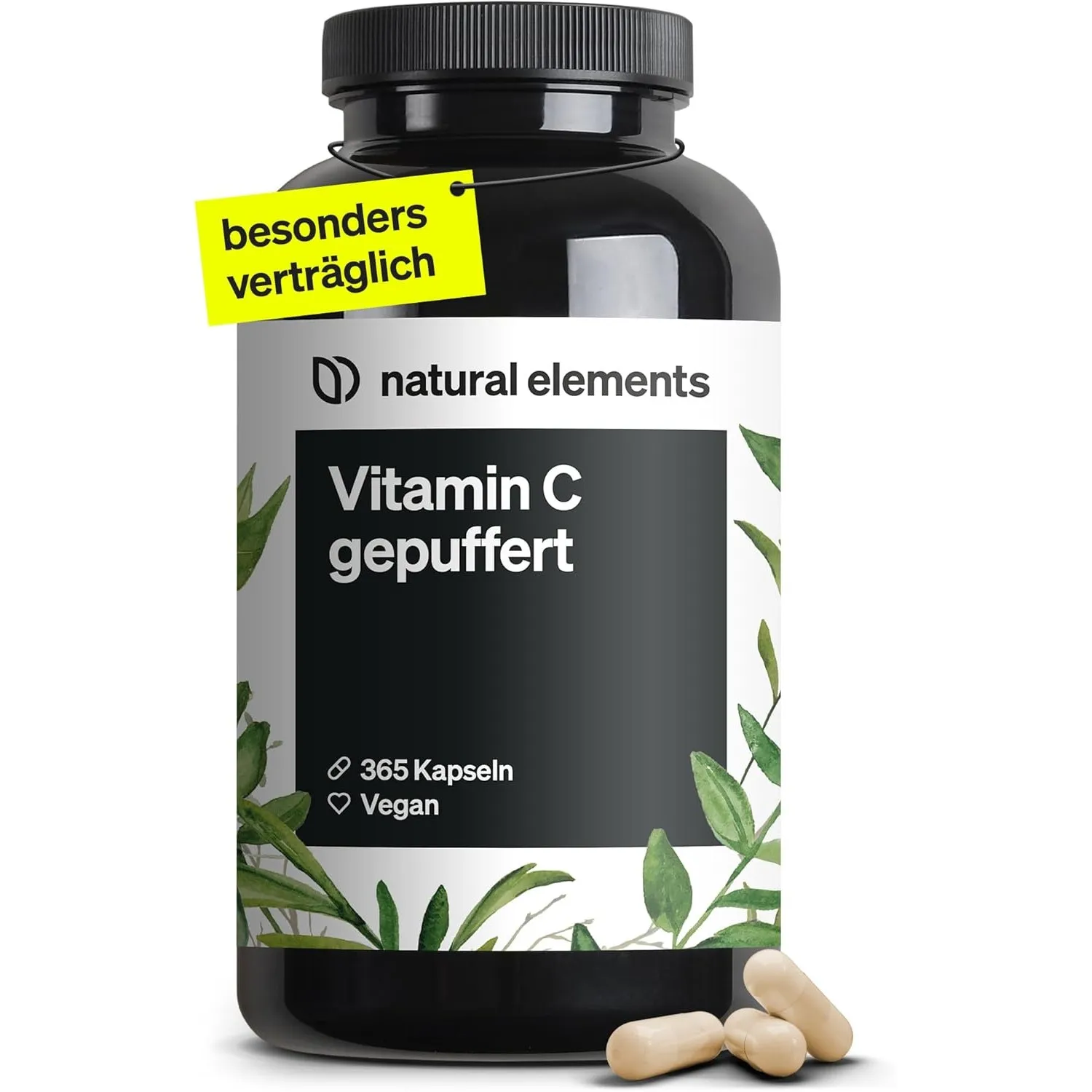 natural elements Vitamin C gepuffert 500mg – 365 vegane Kapseln – magenschonend, pH-neutral, säurefrei – aus Fermentati…