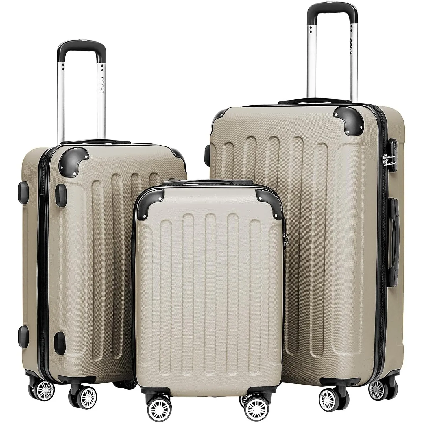 BEIBYE Kofferset 3-teilig – Kabinenkoffer, Reisekoffer und XL-Koffer aus ABS mit Doppelrollen und Zahlenschloss, Champa…
