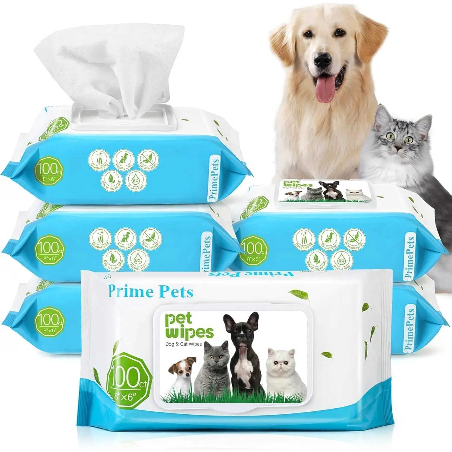 PrimePets Feuchttücher Hund, 6×100 Stück, Katzen Feuchttücher, Milde Pflegetücher für Hunde, zur Reinigung von Po, Gesi…