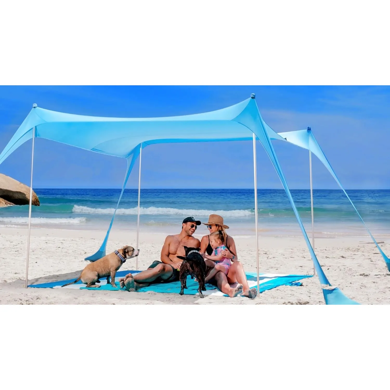 SUN NINJA Strandzelt, Sonnensegel LSF 50+, mit Sandschaufel, Heringen und Stabilitätsstangen, Schattensegel für draußen…