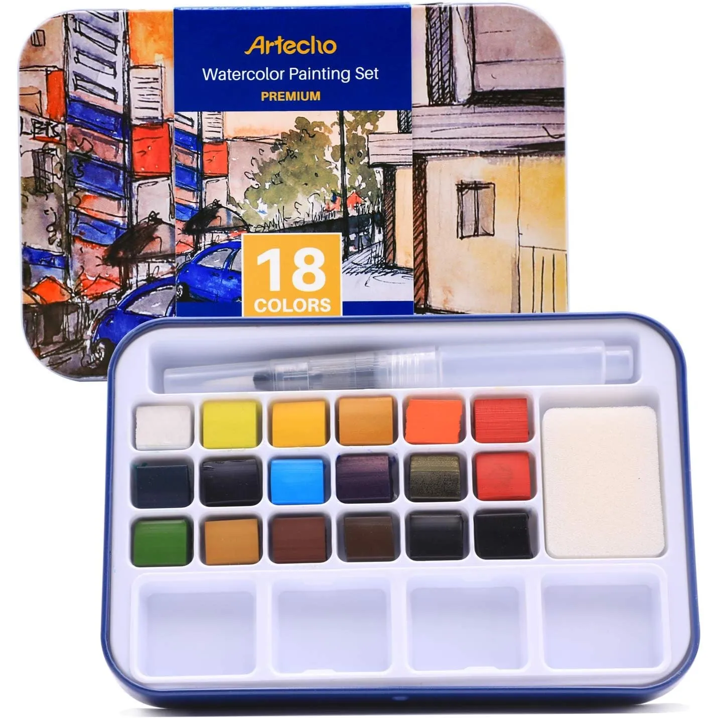 Artecho Aquarellfarben Set, 18 Basic Farben Wasserfarben, Aquarell mit Wassertankpinsel, Tragbar Aquarell Malkasten, pe…