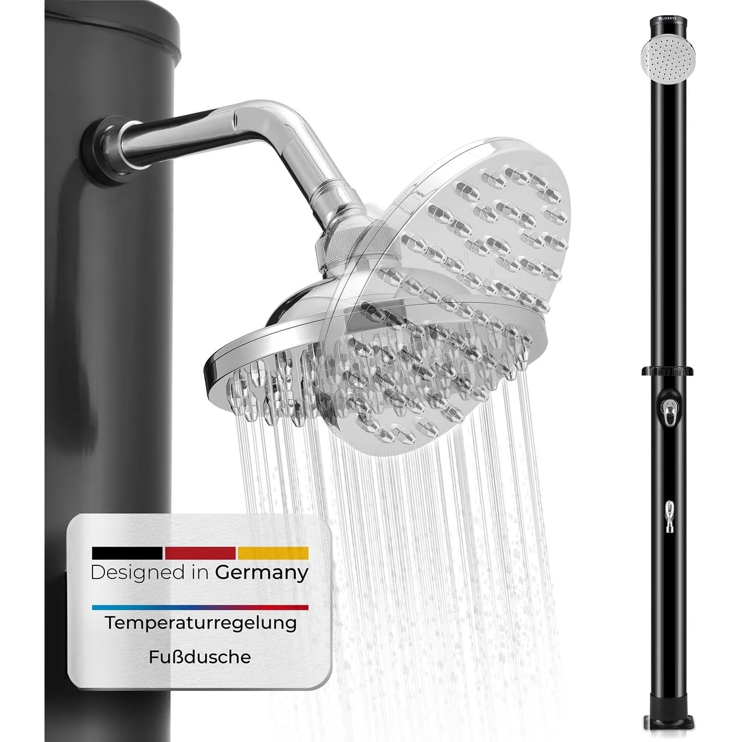 Juskys Solardusche Victoria 20/35 / 40/60 Liter - bis 60°C – mit schwenkbarem Duschkopf, Fußdusche & Gartenschlauch Ans…