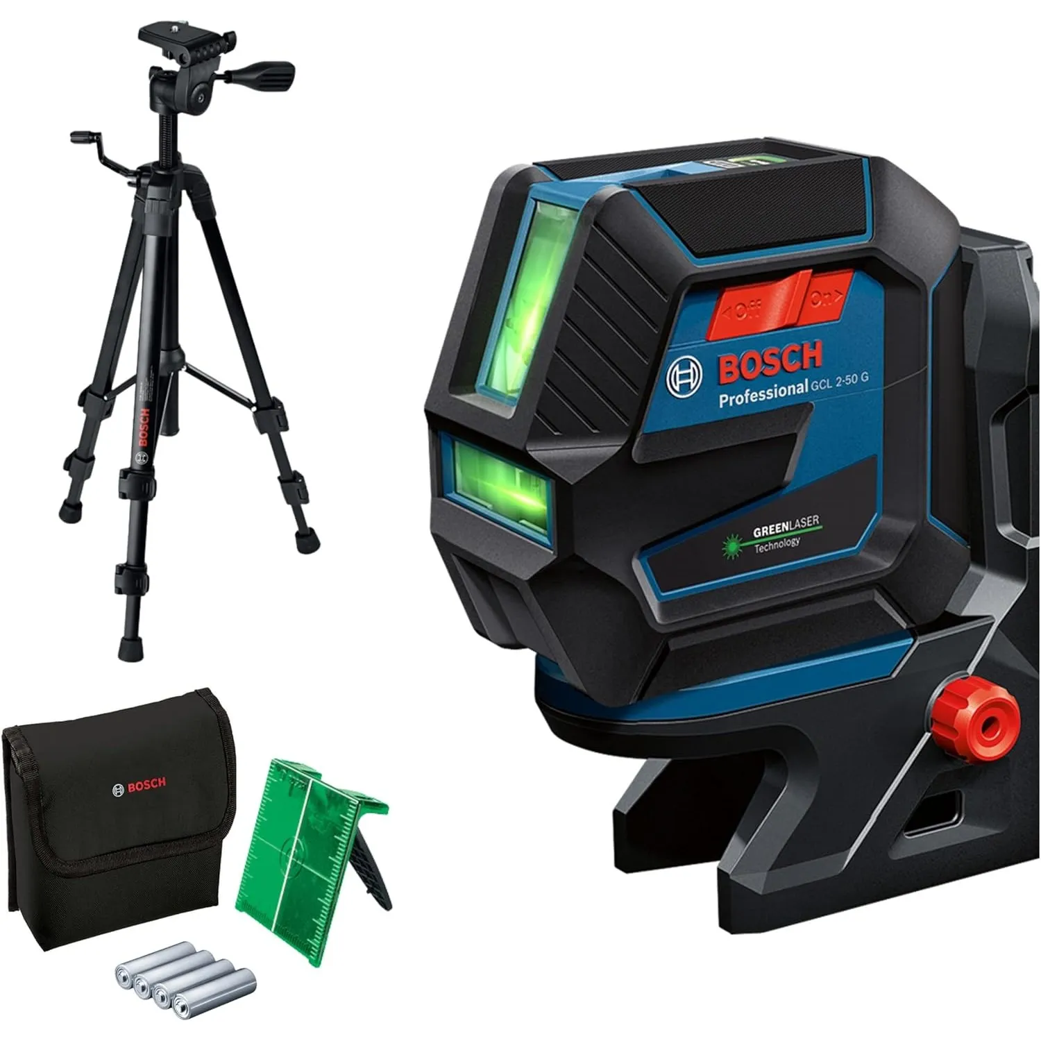 Bosch Professional Kreuzlinienlaser GCL 2-50 G (grüner Laser, Innenbereich, Halterung RM 10, Stativ BT 150, sichtbarer …