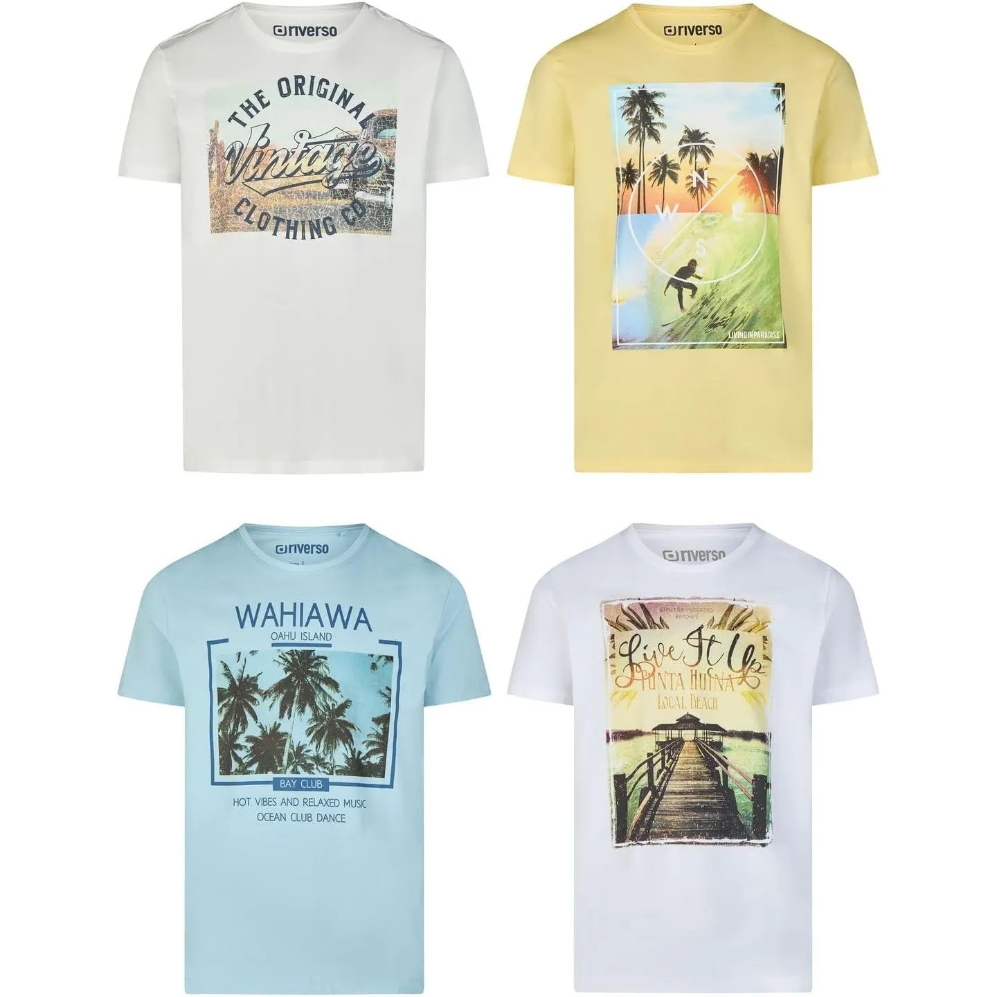 riverso Tshirt Herren Set Baumwolle Regular Fit RIVLukas 4er Pack | Rundhals Kurzarm Sommer Tee Shirt Print Blau Grün W…