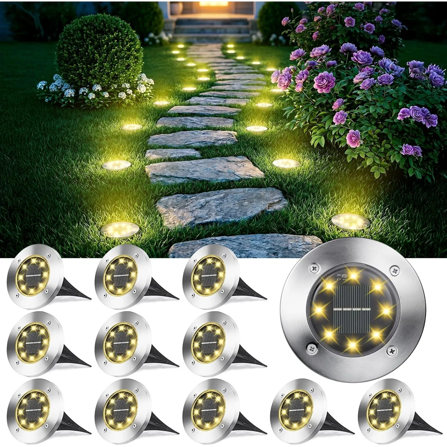Joomer Solar Bodenleuchten Aussen mit 8 LEDs 12 Stück 3000K Warmweiß | Solarleuchten für Garten Außen Wasserdicht Led S…