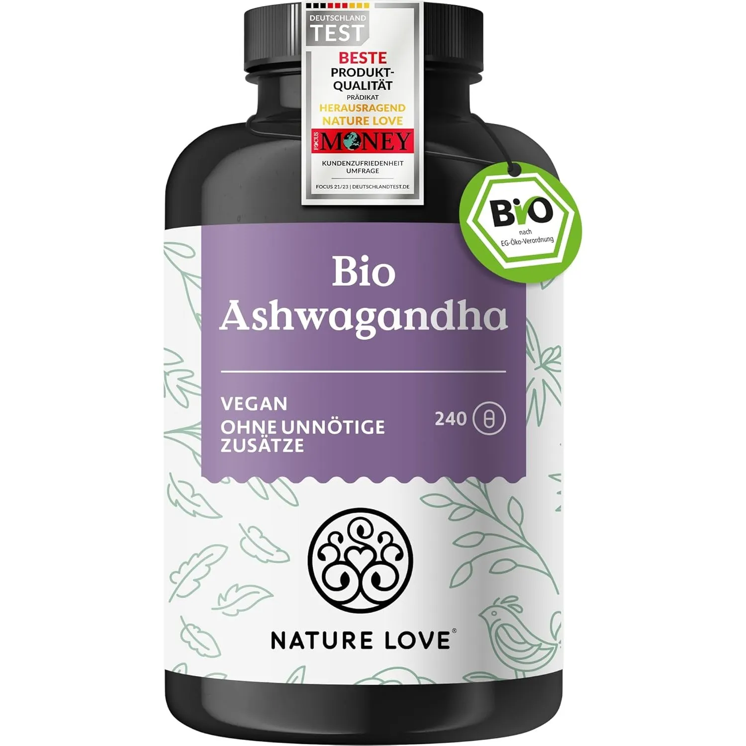 NATURE LOVE® Bio Ashwagandha - 240 Kapseln - Hochdosiert mit 1950mg je Tagesdosis - Hochwertiges indisches Ashwagandha …