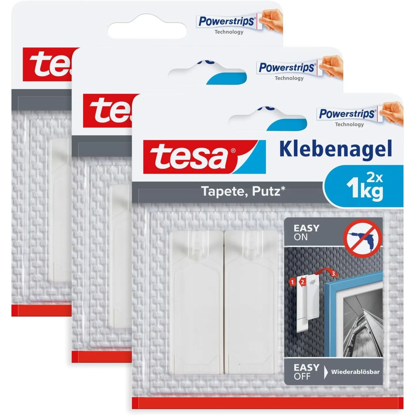 tesa Klebenagel für Tapete & Putz, 1 kg - 3 x 2 Nägel inkl. Powerstrips