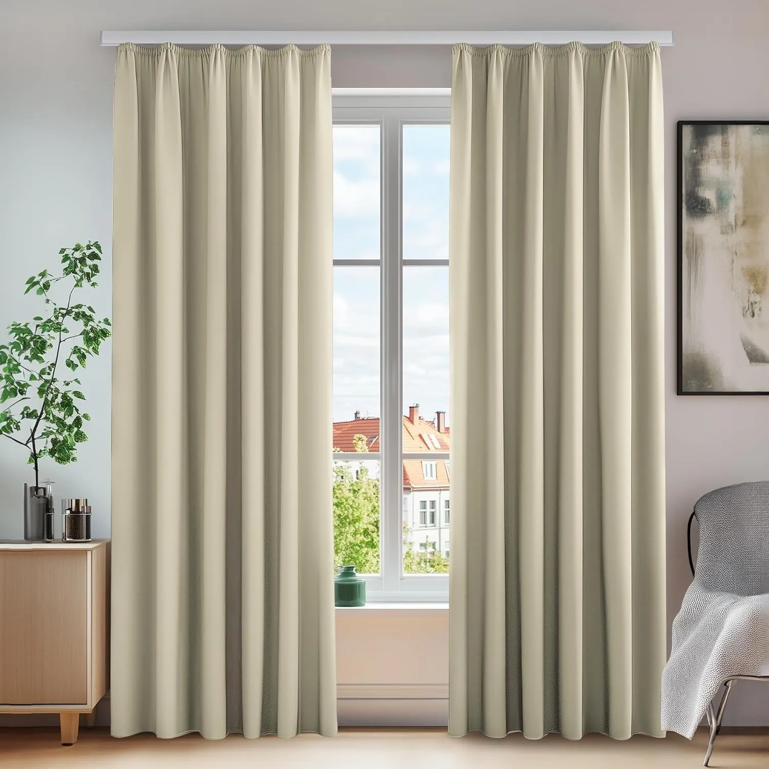 Deconovo Thermogardine Wärmeisolierend Vorhänge Kräuselband UV-Schutz Beige