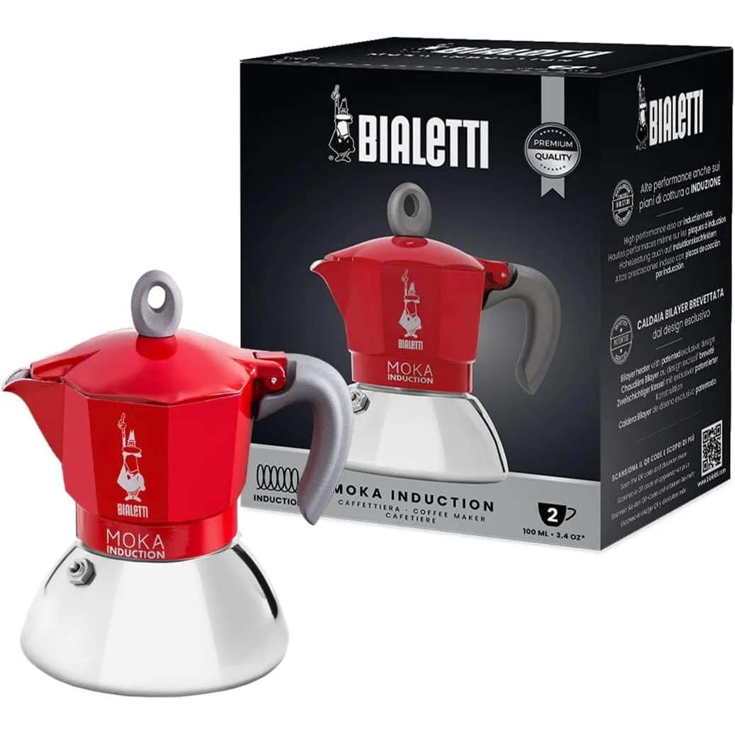 Bialetti - Moka Induction, Moka-Kanne, Geeignet für Alle Herdarten, 2 Tassen Espresso (100ml), Rot