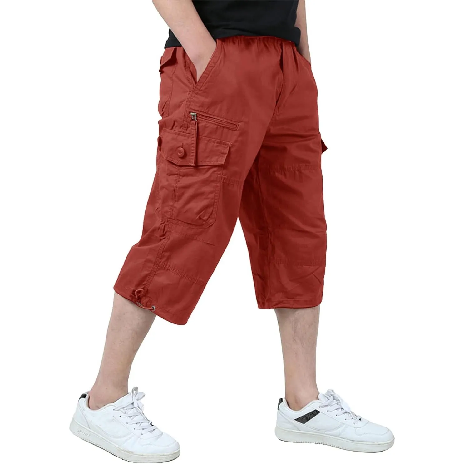 KEFITEVD 3/4 Hose Herren Cargo Shorts Männer Bermuda Shorts Multi Taschen Sommer Kurze Hose Baumwolle Arbeitshose Gummi…