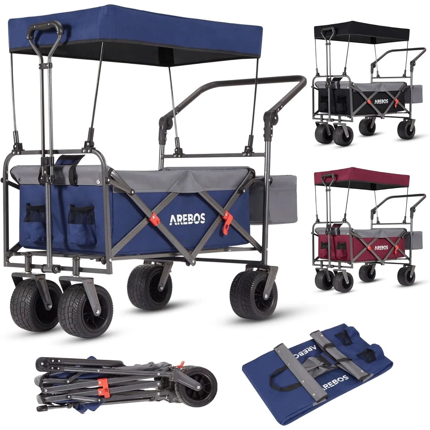 Arebos Bollerwagen faltbar mit Dach | Luxus Handwagen | Faltwagen | Transportwagen | XXL Tasche | klappbar | bis 100 kg…