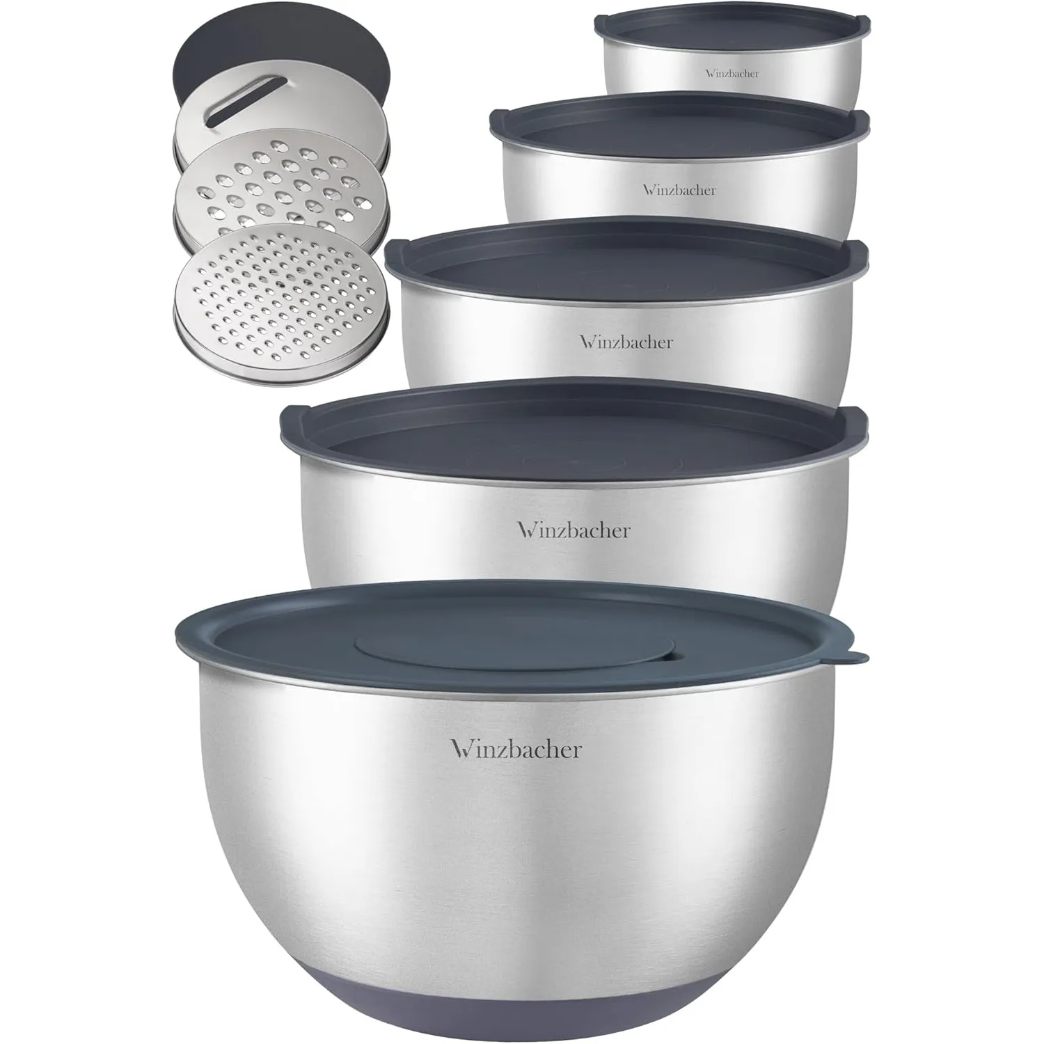 Winzbacher - Schüssel Set aus 304 Edelstahl mit Deckel [5er Set] 1l + 1.5l + 2.5l + 3.5l + 4.5l | Rührschüssel, Salatsc…